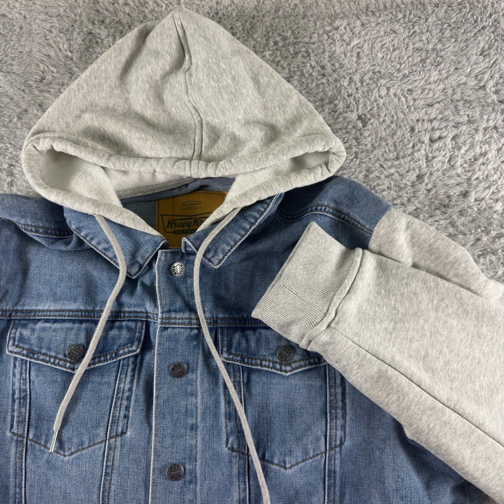 Krispy Kreme Doughnuts Denim Jacket Hoodie Grey Sleeves Hot Now Mens XL Blue‎
